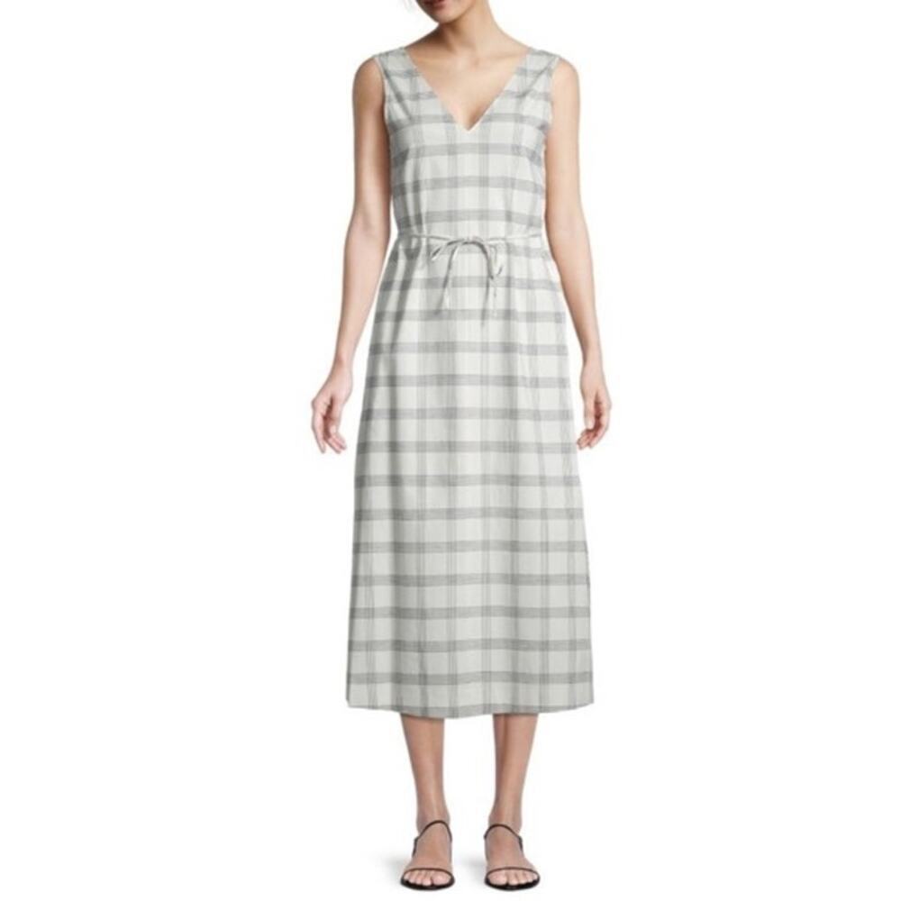 Theory Women's Spring Plaid Deep V Neck Midi Dress Linen Blend Pockets A Line XS